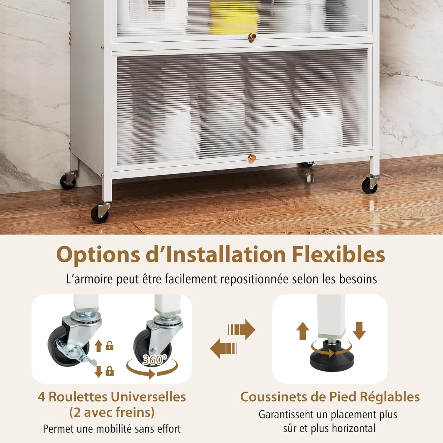 Meuble Cuisine Rangement 6 Niveaux, Etagere Rangement Cuisine en Fer, Portes Battantes, 10 Crochets Support Micro-Ondes (Blanc) - 8