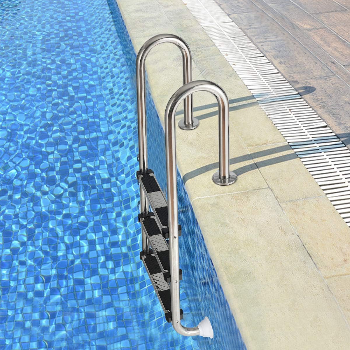 Escalera de piscina de acero inoxidable de 3 peldaños (132 x 50 x 26,5 cm) con pedales antideslizantes y base de plástico - 4