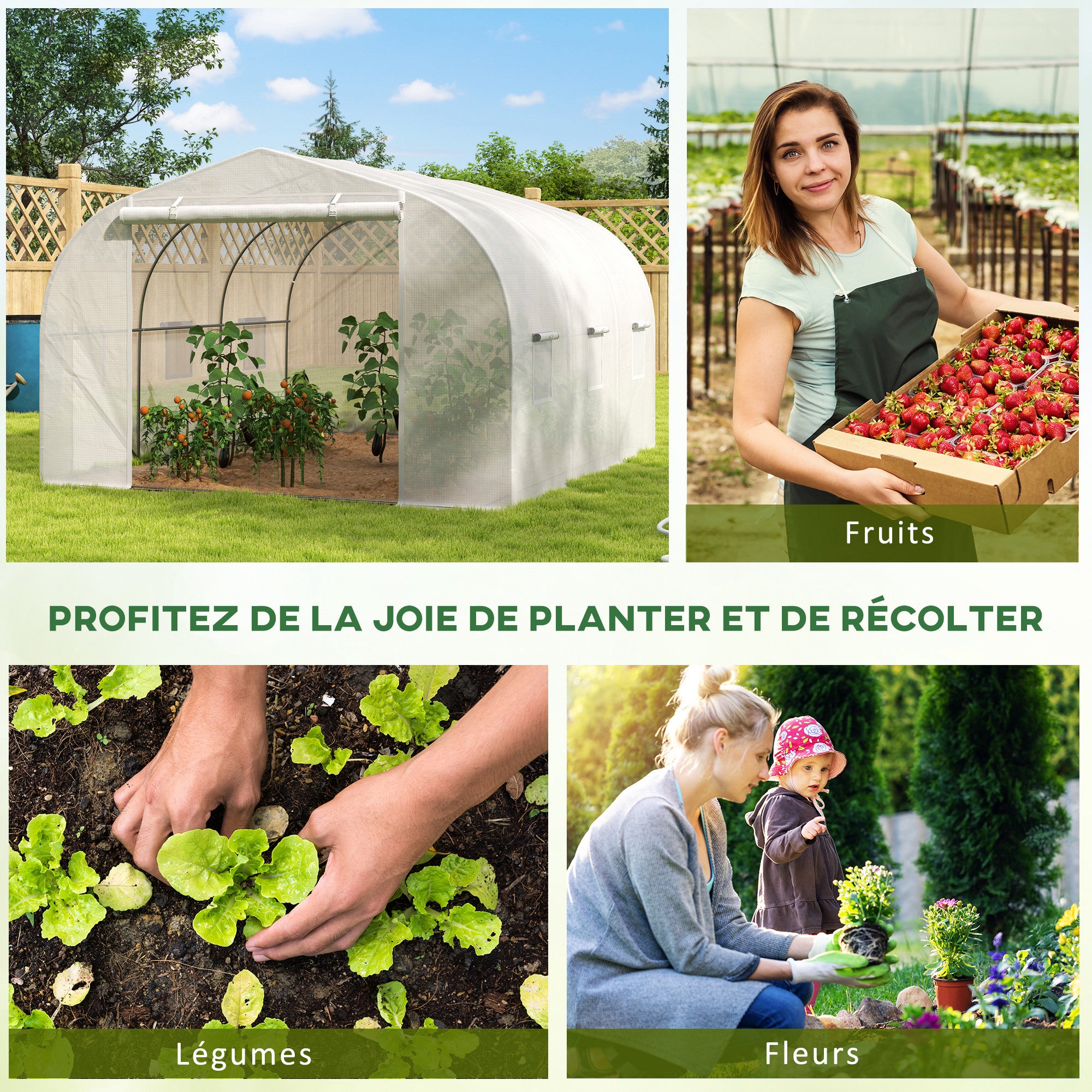 Serre de jardin serre tunnel de Jardin dim. 3,5L x 3l x 2H m Porte + 6 fenêtres enroulables Acier galvanisé bâche PE Haute densité Blanc - 8