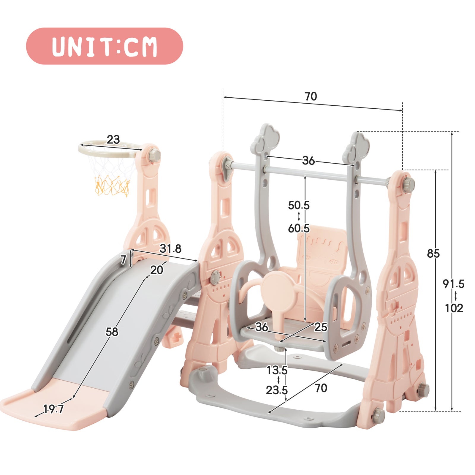 Toboggan Enfant 4 en 1 Toboggan Bebe avec Balançoire et Panier de Basket pour Les Enfants de 1 à 6 Ans, Aire de Jeux Intérieure et Extérieure, Rose - 2
