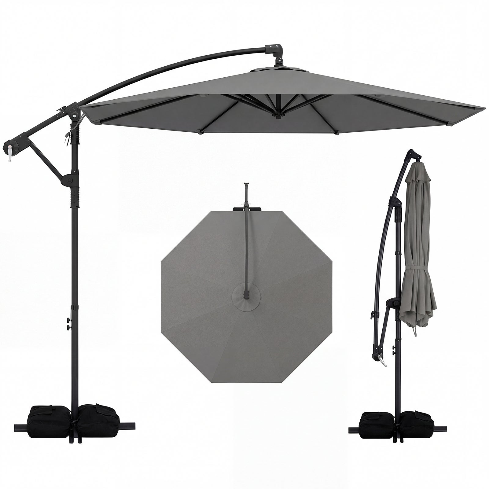 Parasol Deporte Ø 3 M, Parasol ogrodowy na korbę z możliwością obrotu o 360°, stojak, worki na piasek, 8 wielorybów na patio, plażę, szary