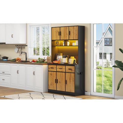 Buffet multifonctionnel 100x40x180cm avec éclairage LED avec télécommande, tiroirs, étagères réglables, idéal pour les cuisines et les salles à manger - 6