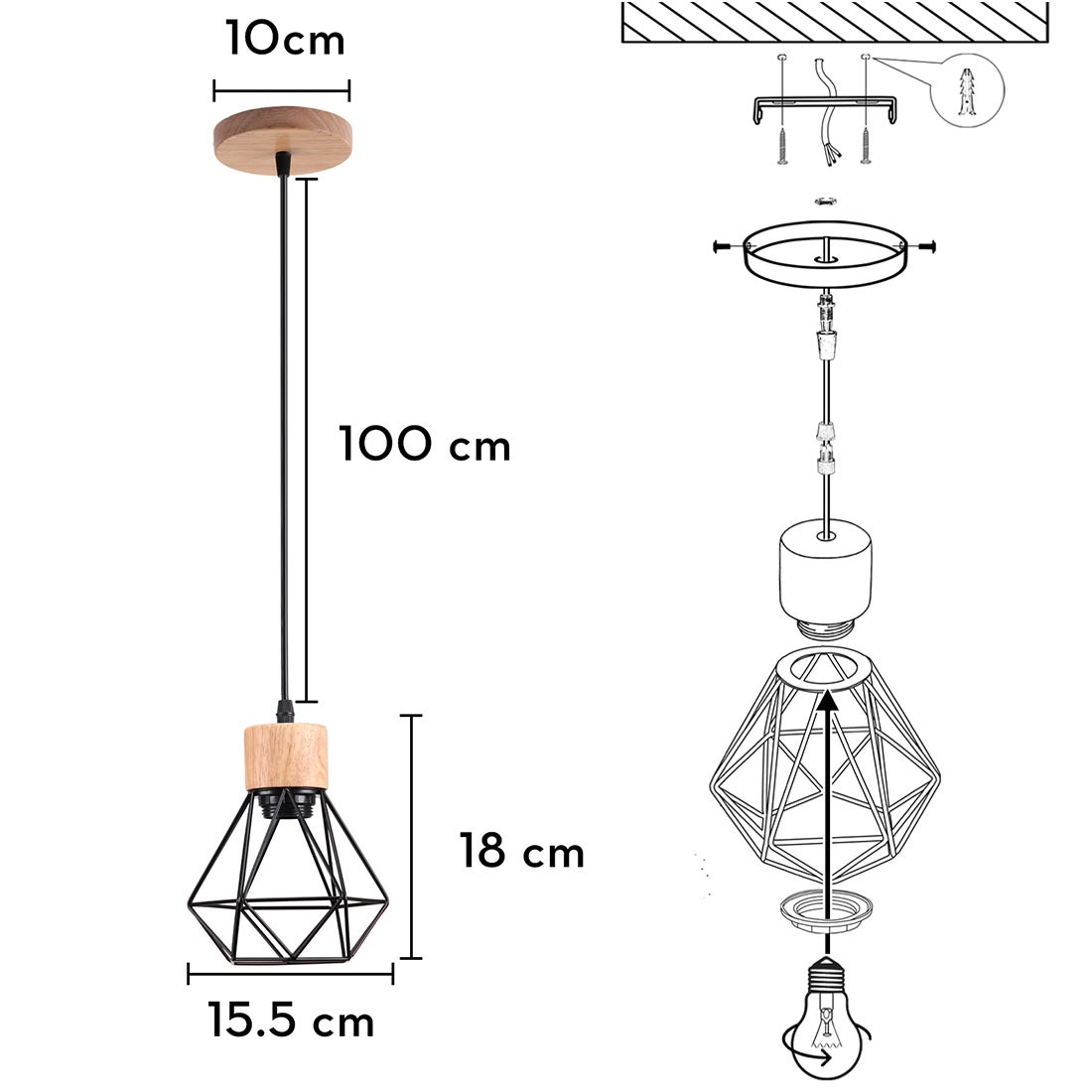 Lustre Suspension Industriel Vintage Interieur, Lampe de Plafond Douille E27 Cage Diamant Rétro pour Salon Chambre Cuisine Restaurant, E27 Noir - 5