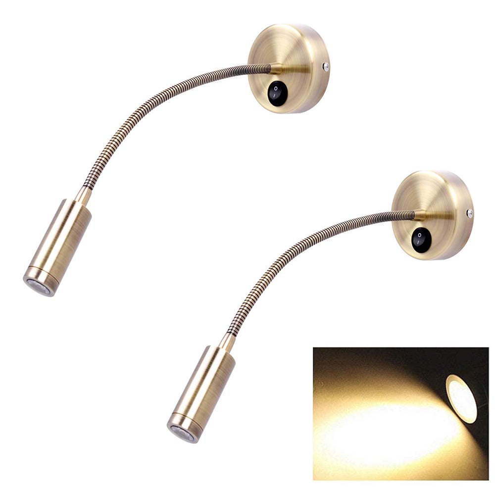 Zestaw 2 minimalistycznych lamp nocnych LED z włącznikiem, do montażu na ścianie, 3 W, elastyczne, światło ciepłe, 3000 K