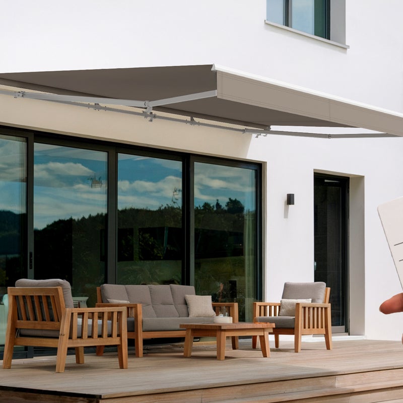 FAZZIO 5m x 3m biała markiza półkasetowa z napędem silnikowym i tkaniną w kolorze taupe