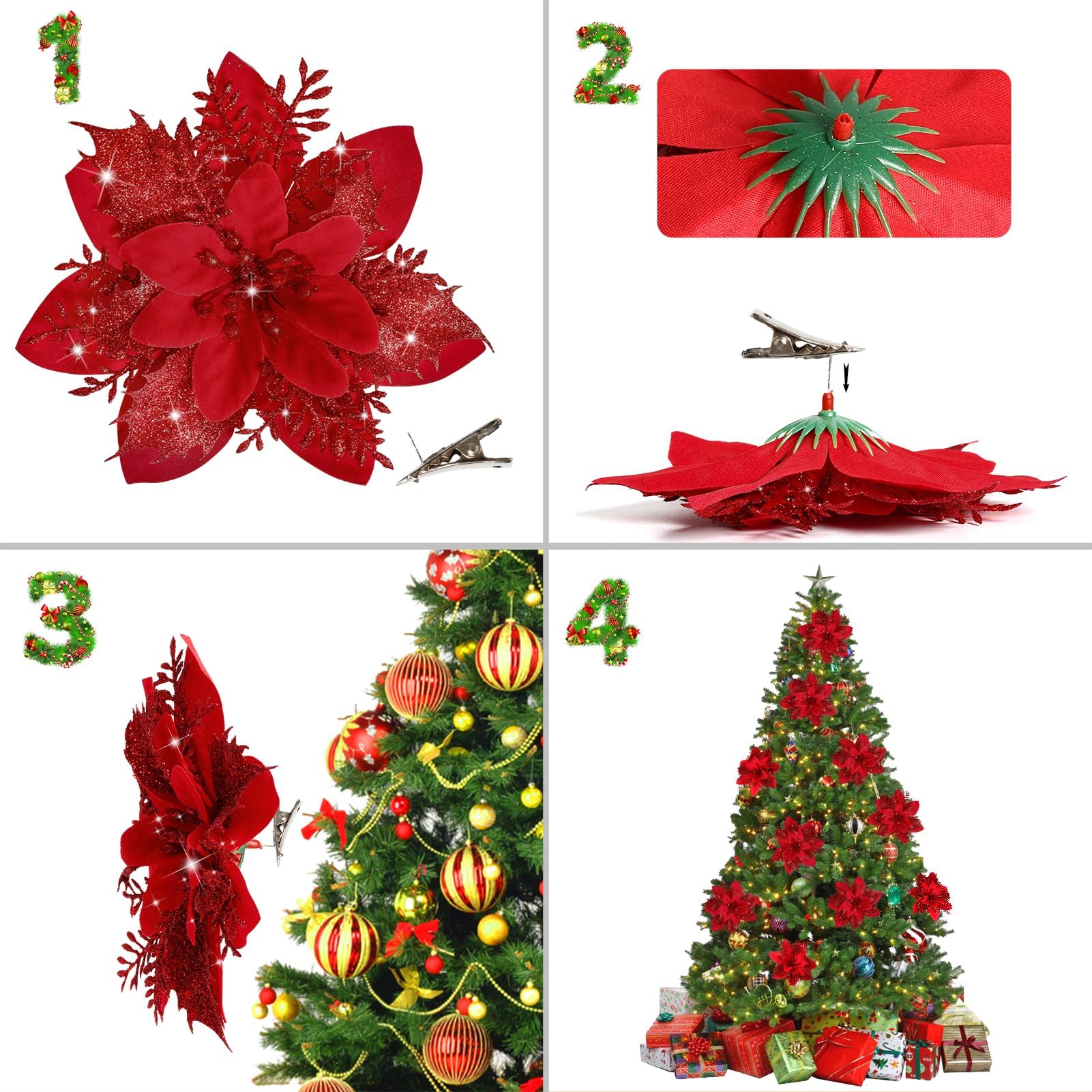 Lot de 50 décorations de Noël, fleurs artificielles scintillantes avec clips, décorations pour sapin de Noël, pendentifs de fleurs artificielles - 5