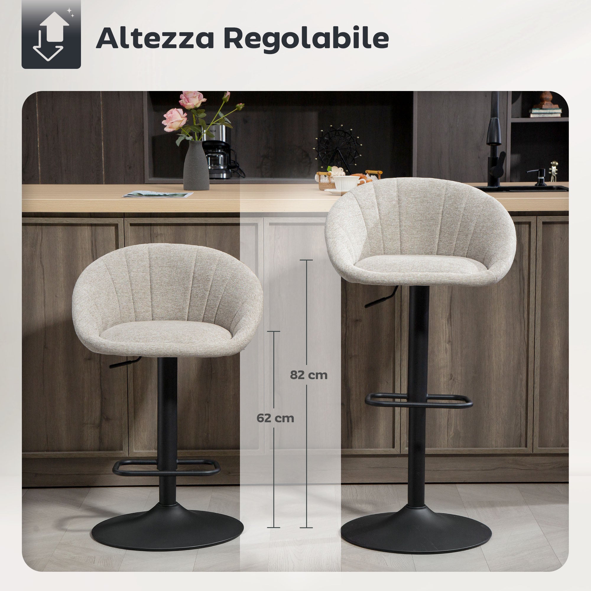 HOMCOM Set 2 Sgabelli da Bar con Altezza Regolabile, Seduta Girevole in Tessuto e Poggiapiedi, Beige - 4