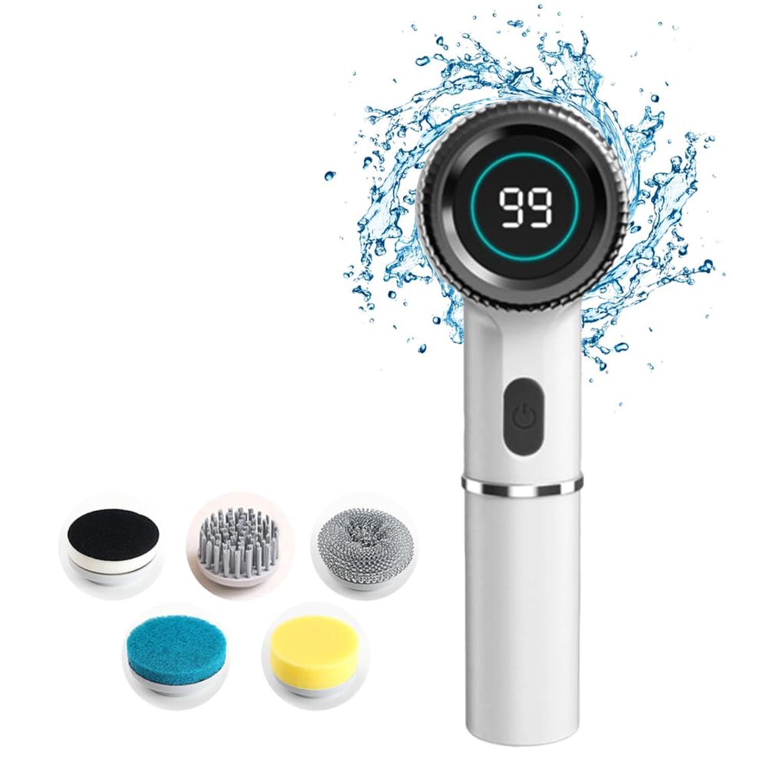 Brosse de nettoyage électrique à rouleau - 2 vitesses, étanche, sans fil, avec 4 têtes de brosse polyvalentes et manche télescopique