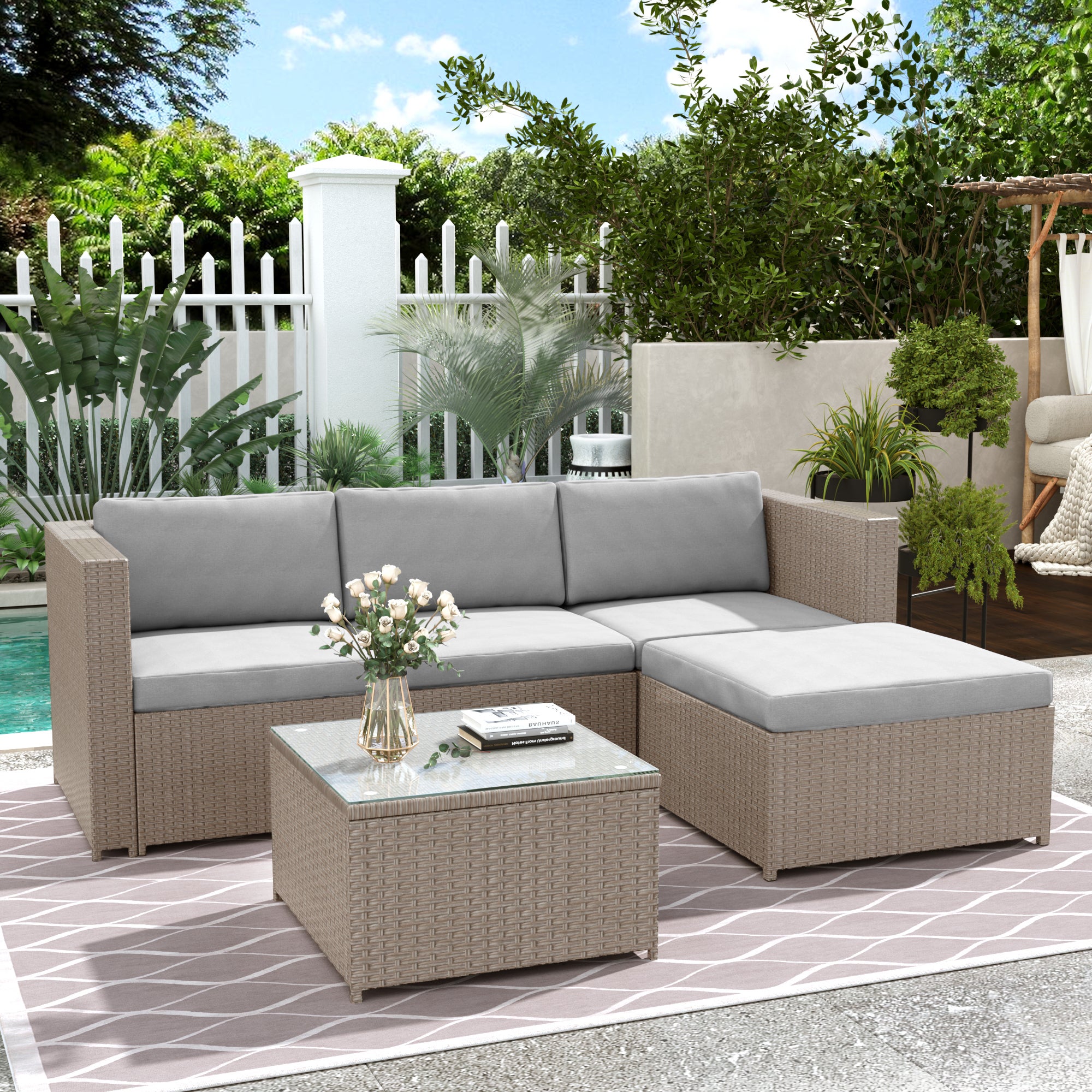 Salon de jardin en résine tressée - Canapé d'angle extérieur avec table basse - 4 places - Marron - 2