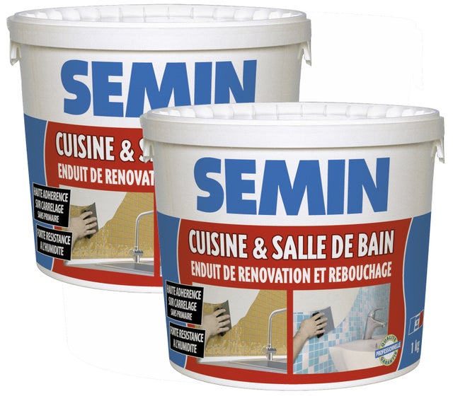 Lot de 2 enduits de rebouchage et rénovation spécial cuisine et salle de bain Semin - adapté aux pièces humides - seau de 1 kg