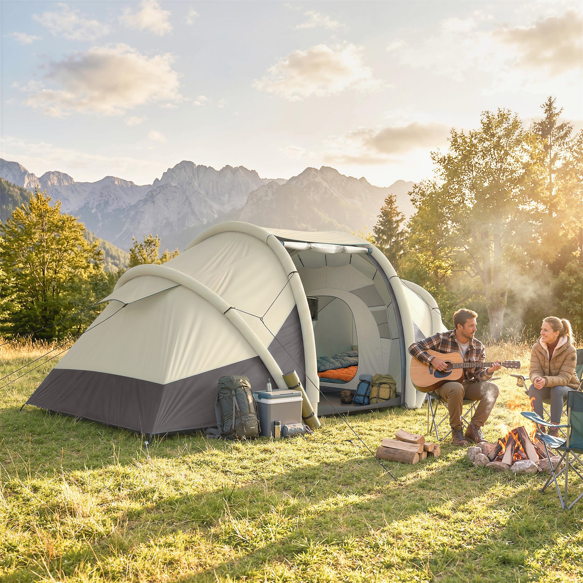 Tente Gonflable Camping 2-4 Personnes avec Pompe 2 Chambres et Séjour Imperméable 3000mm 485x245x188cm Gris - 4