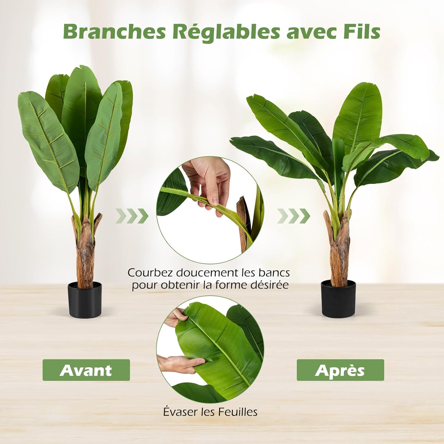 Conjunto de 2 árvores artificiais de ave-do-paraíso de 107 cm, plantas artificiais com folhas de bananeira com vaso e ramos ajustáveis para casa ou al - 4