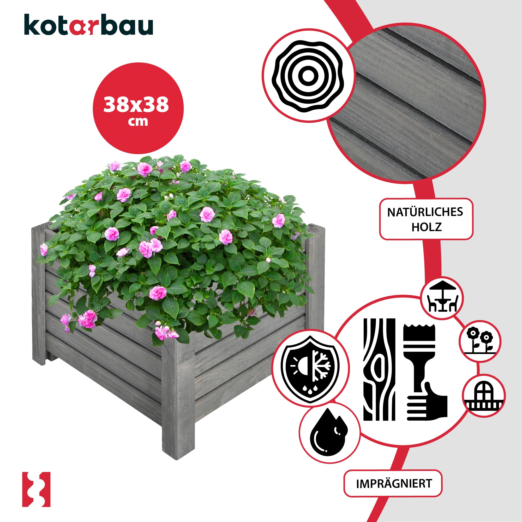 KOTARBAU Pot de fleurs en bois 38 x 38 x 30 cm Jardinière en pin carbonisé Pot de plantes Jardinière - Idéal pour jardin terrasse balcon - Anthracite - 4