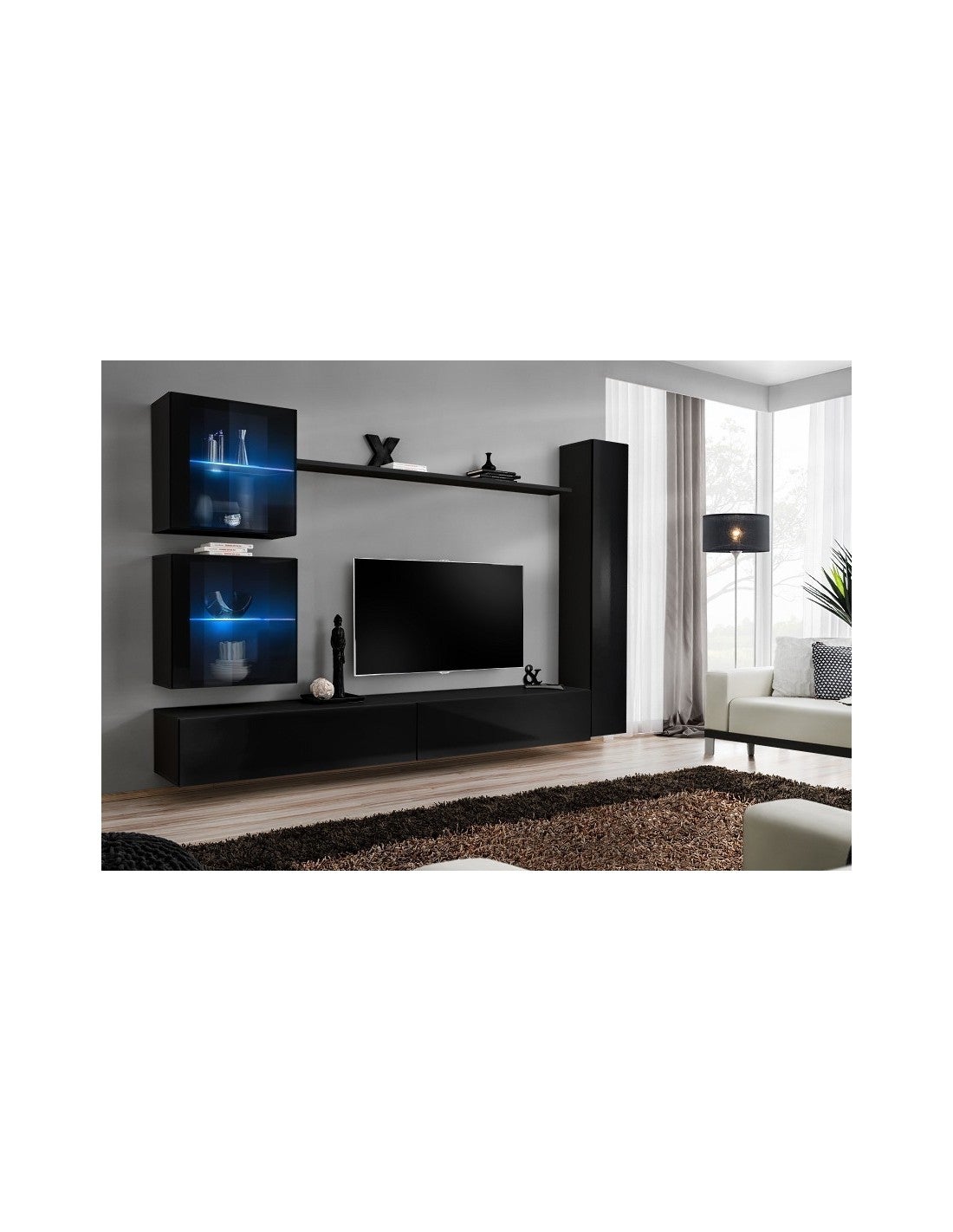 Ensemble Meuble Salon Mural Switch Xviii Design Coloris Noir Brillant