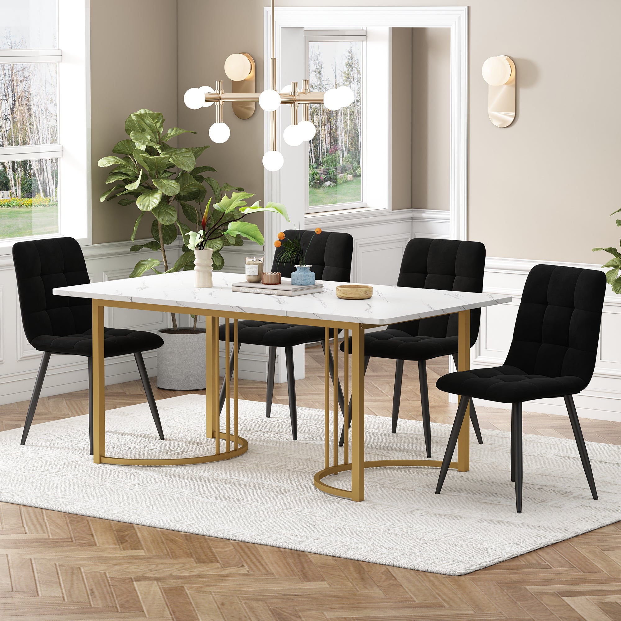 Zestaw stół jadalny + 4 krzesła welurowe - 140 x 80 x 75 cm - MDF i nogi metalowe w kolorze złotym - Efekt marmuru - Biały + czarny