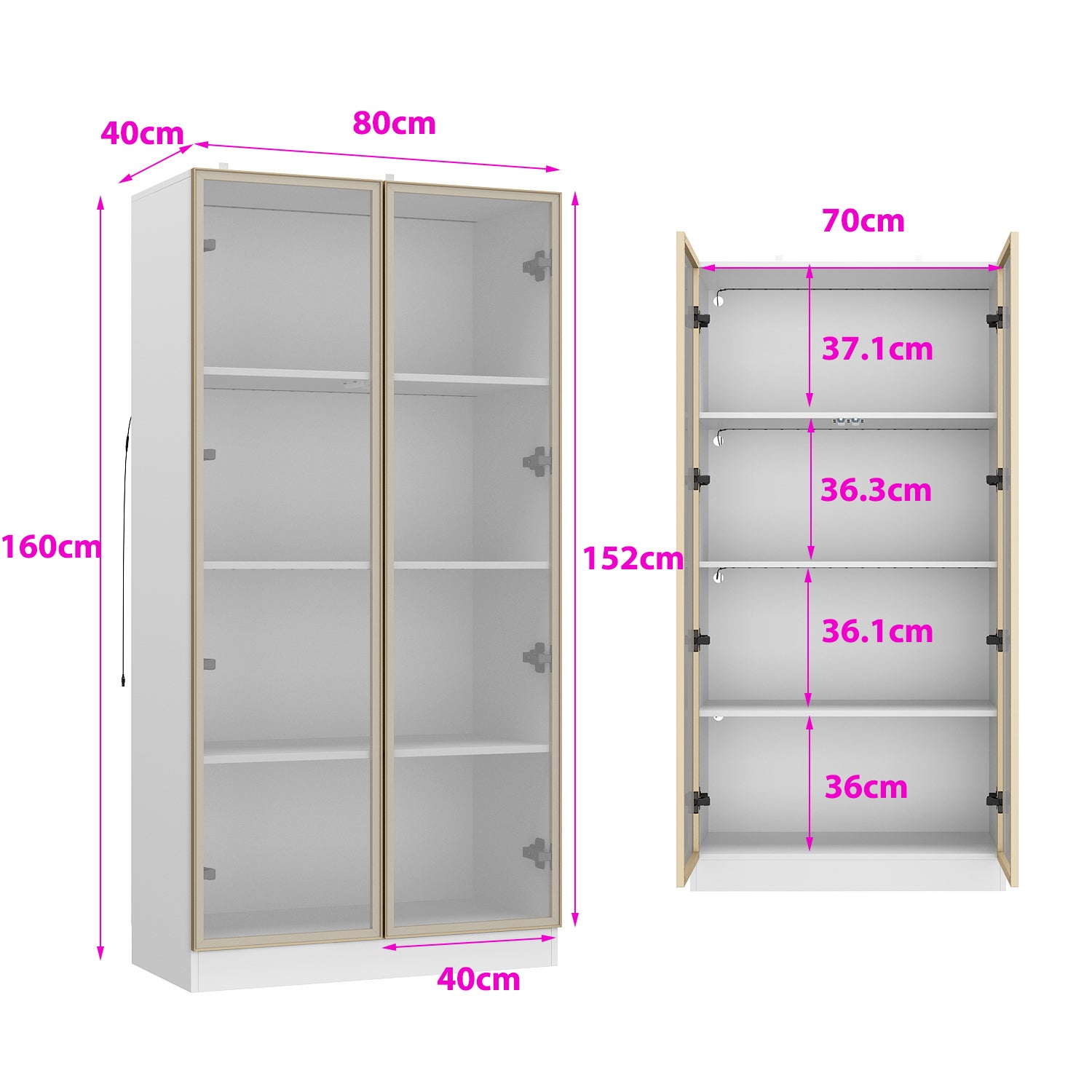 Vitrine avec LED et Portes en Verre Meuble de Rangement en Verre Debout avec 4 étagères Design Pop-up 80x40x160cm Blanche - 2