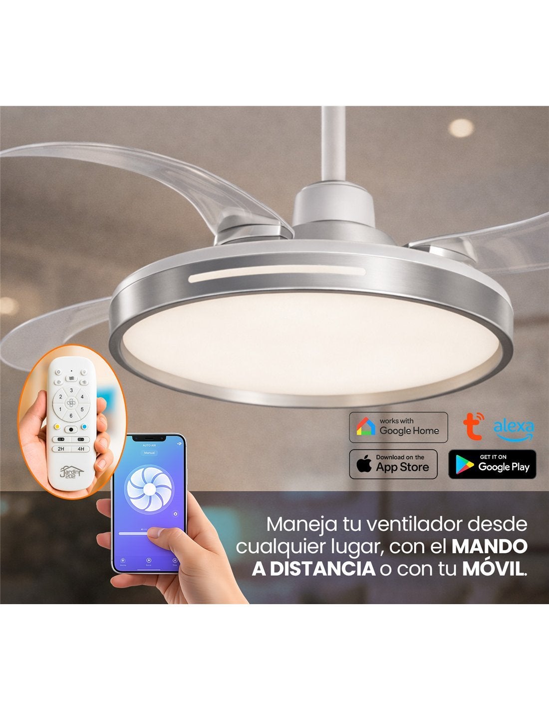 JARDIN202 - Ventilador de Techo con 4 Aspas Retráctiles, Motor DC, Wifi, Tuya App, Luz LED Regulable, 6 Velocidades | 50 cm (Conil Wifi Plata) - 2