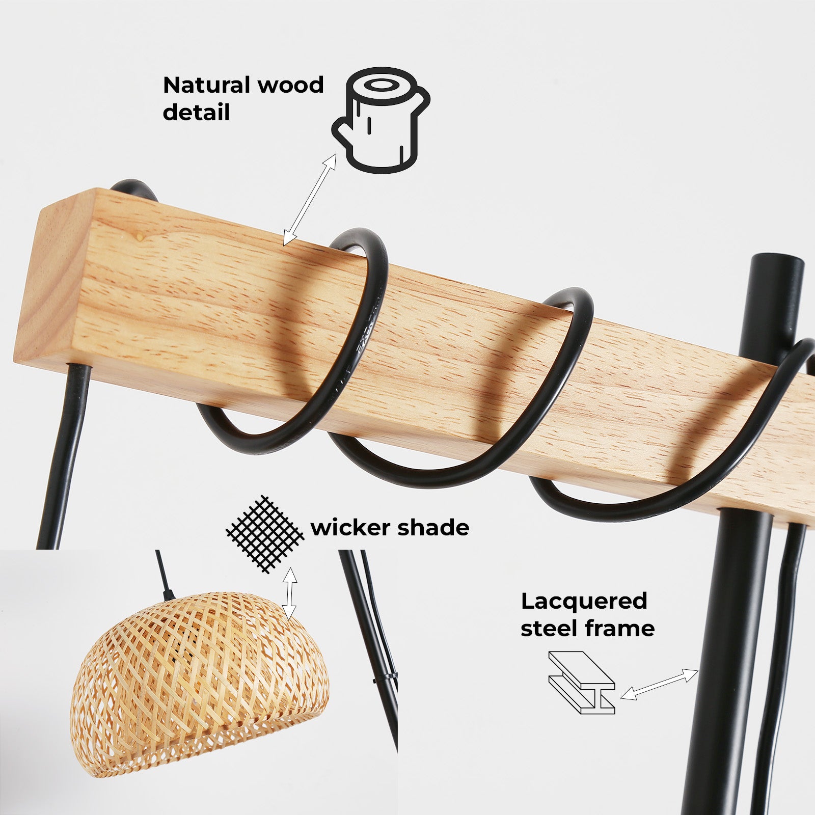 Lampe sur pied en bois et rotin avec abat-jour en bambou 