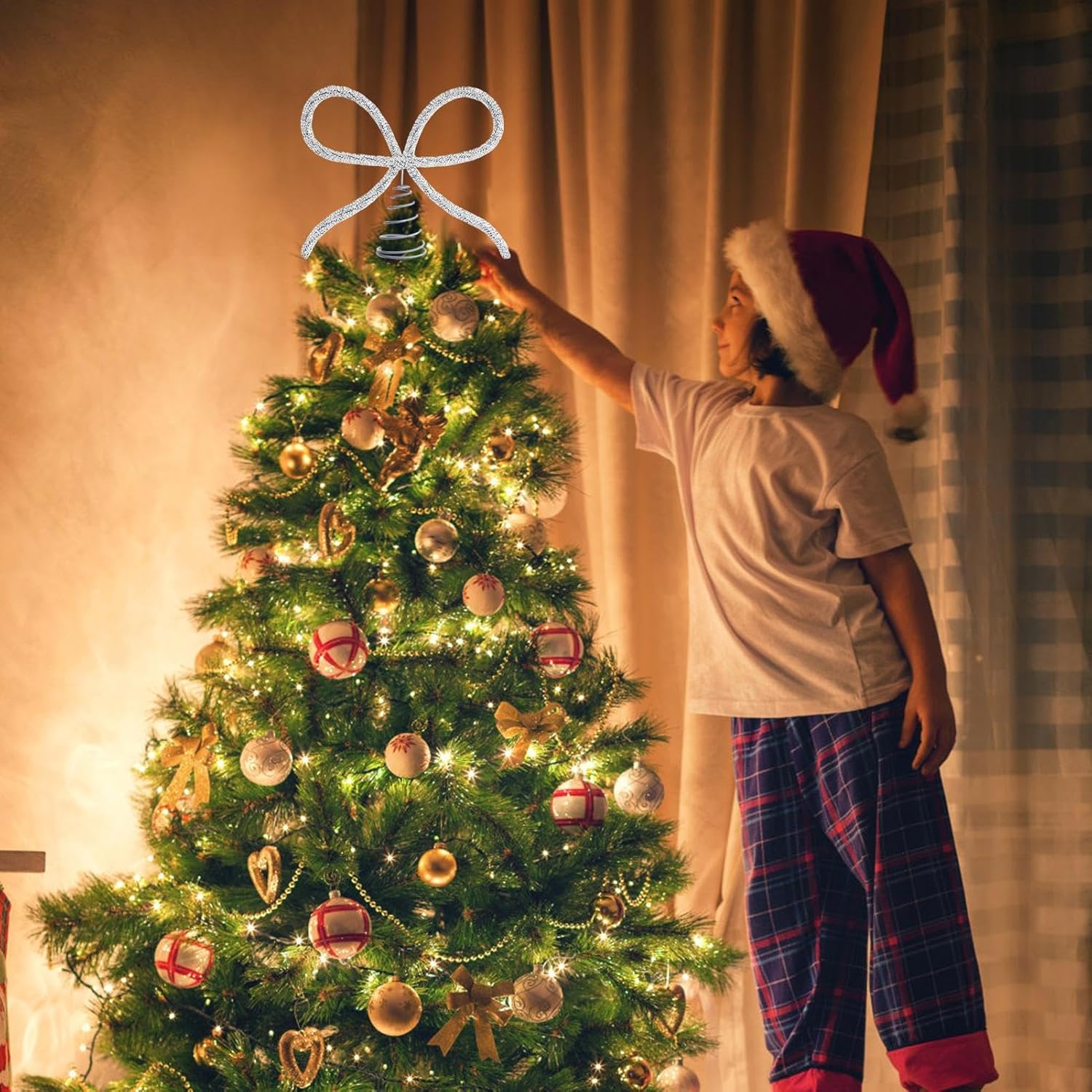 Puntale per albero di Natale con fiocco | 20 x 25 cm | Decorazione natalizia | per appartamento, soggiorno, riunioni di famiglia, ufficio, veranda, ca - 3