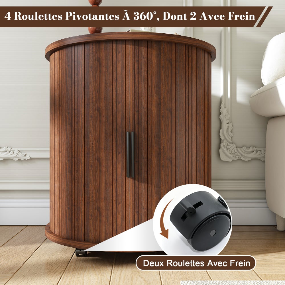 Table de Chevet Cylindrique Mid-Century avec Station de Charge (Prise + 2 USB), Porte Coulissante et Rangement - 8