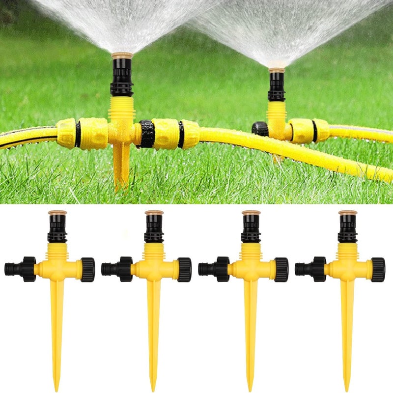 (Żółty) 4 sztuki zraszaczy ogrodowych, automatyczne zraszacze obrotowe 360°, regulowany system nawadniania trawnika, roślin, warzyw, kwiatów, terenów