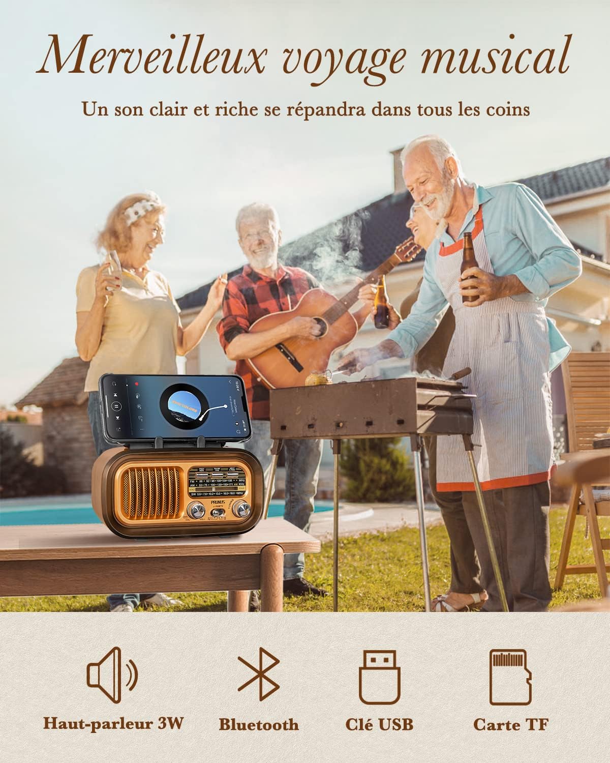 Radio vintage, przenośne radio z akumulatorem 1200 mAh i bateriami typu D, radio tranzystorowe Bluetooth z panelem słonecznym, USB/TF - 3