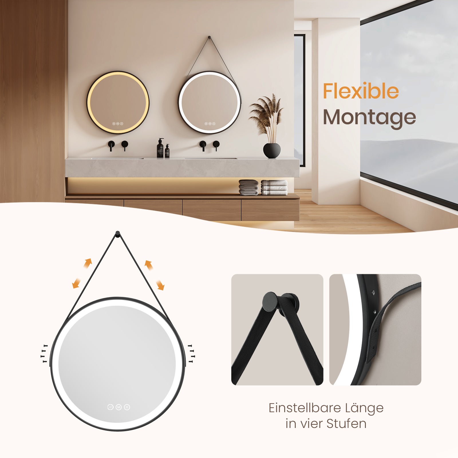 EMKE Miroir lumineux salle de bain rond diamètre 50cm cadre noir, Sangle réglable, Miroir LED, Interrupteur Tactile, Anti-buée, 3 couleurs Lumières - 6