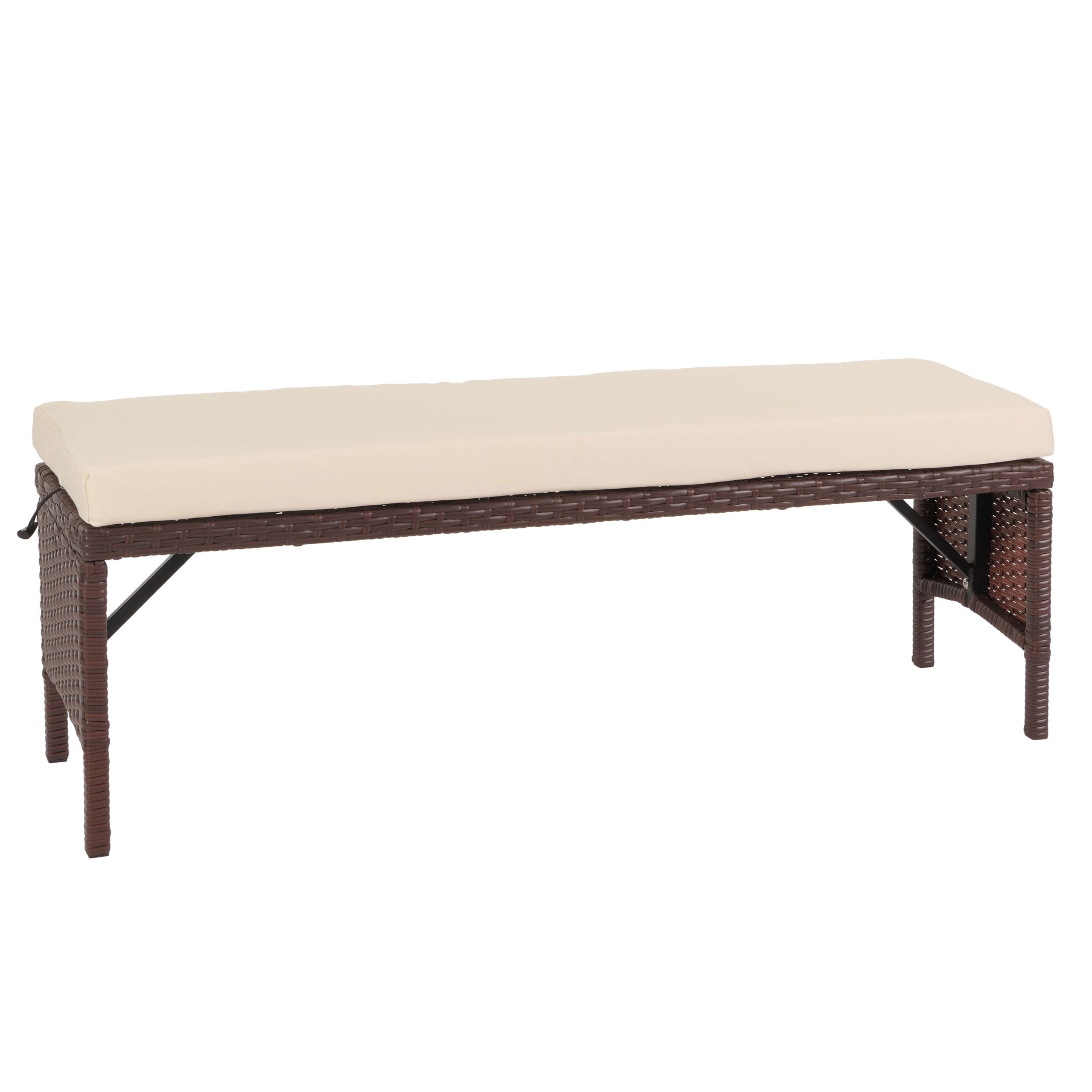 Ławka ogrodowa rattanowa HWC-G16, ławka ogrodowa rattanowa, gastronomiczna 112cm ~ brązowy, poduszki kremowe