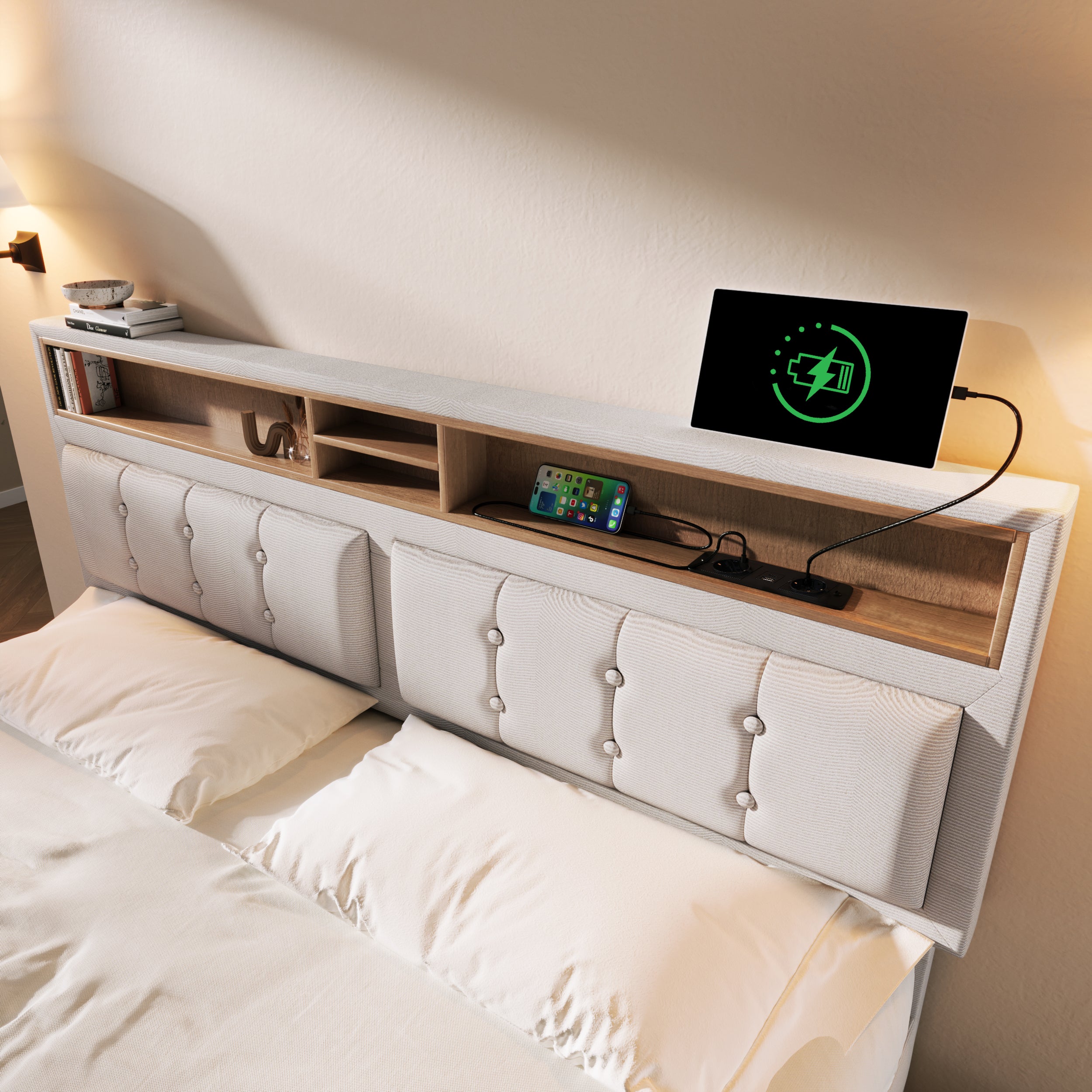 Tapicerowane łóżko dla dorosłych z 4 szufladami i portem ładowania USB - 140x200 cm - Tkanina lniana - Beż - 6