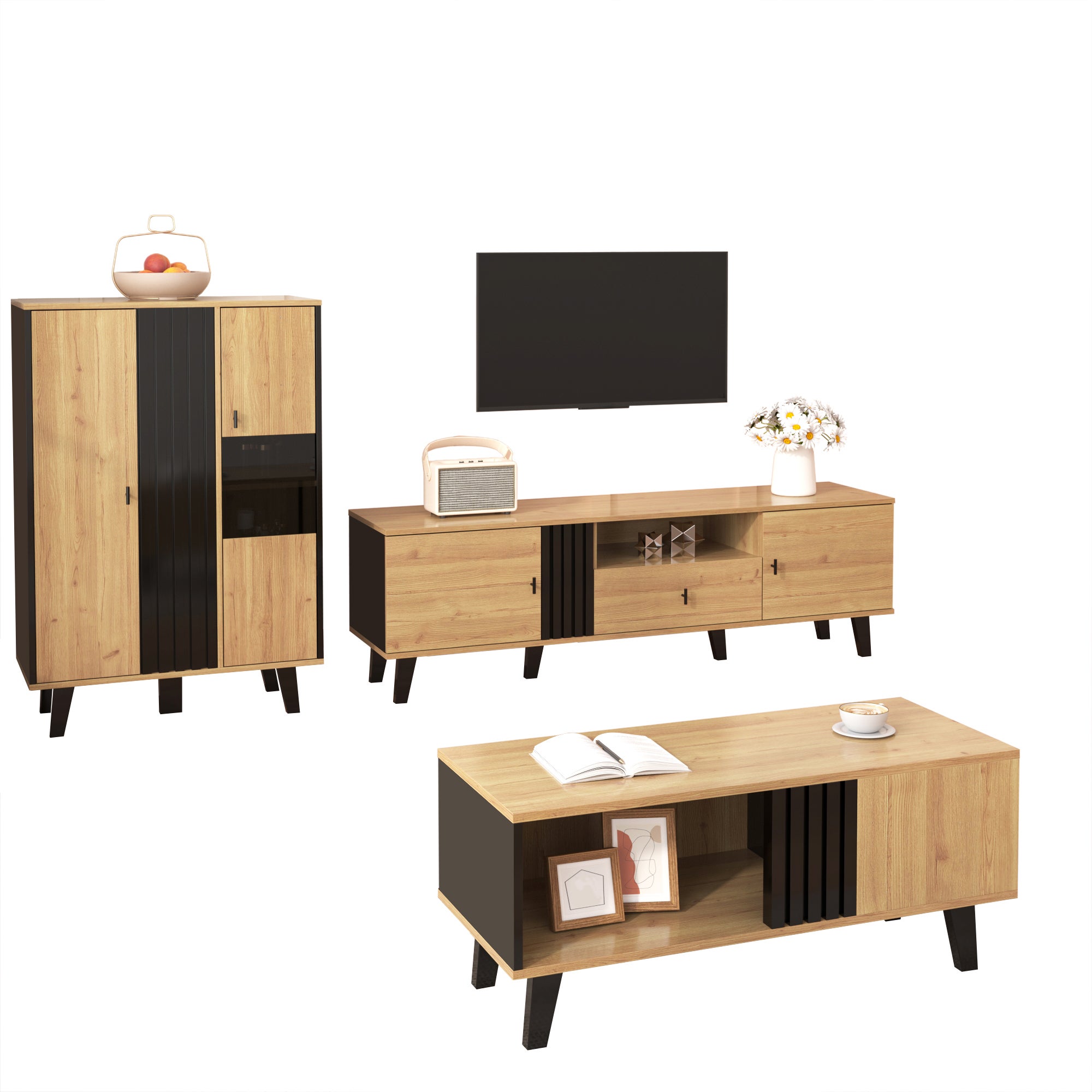 Zestaw szafek RTV 170x40x50,5 cm + komoda 80x40x120 cm + stolik kawowy 100x60x45 cm - Płyta wiórowa + szkło - Naturalny i czarny