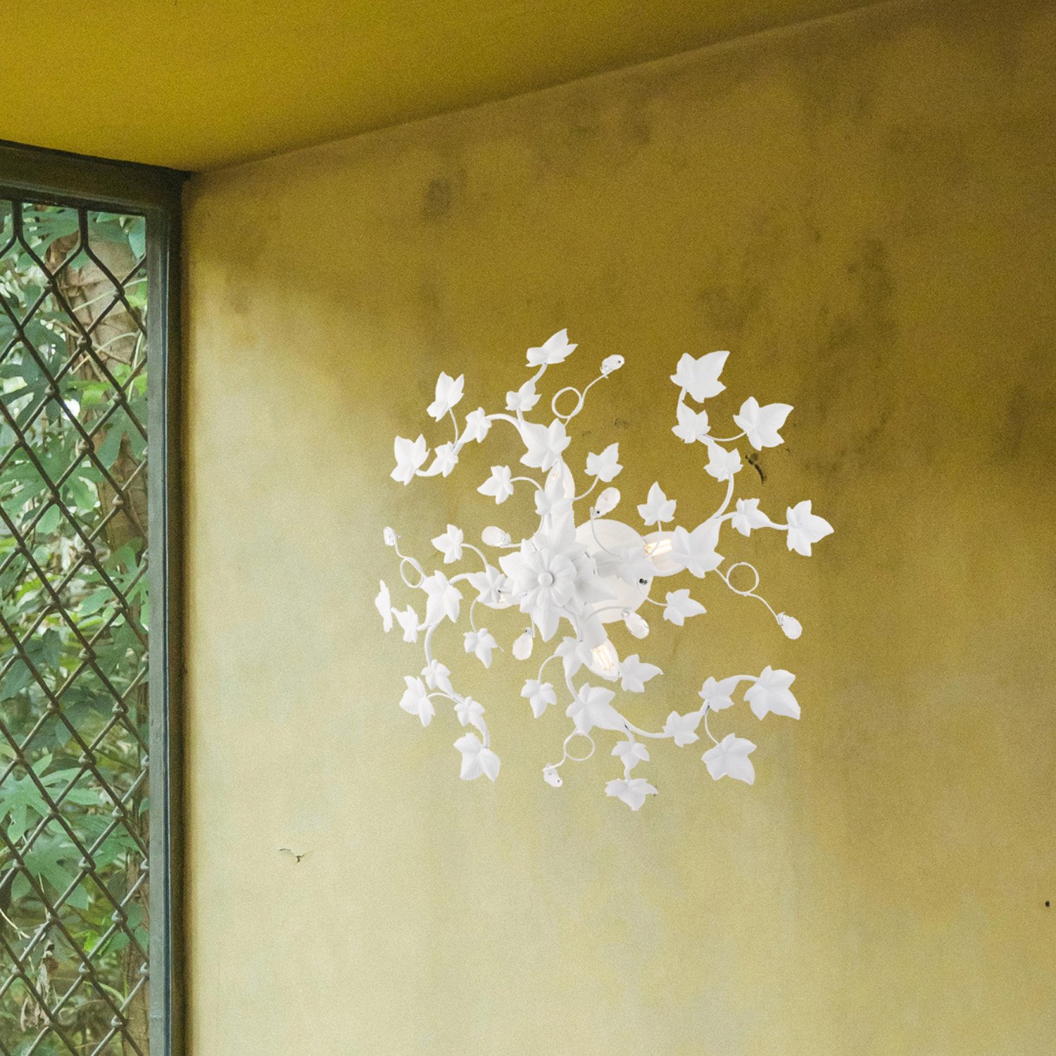 Edera Plafonnier en fer laqué blanc décoration effet shabby chic et strass cristal 4 lumières H.22 d.60 BL50-PL4-BCO - 3