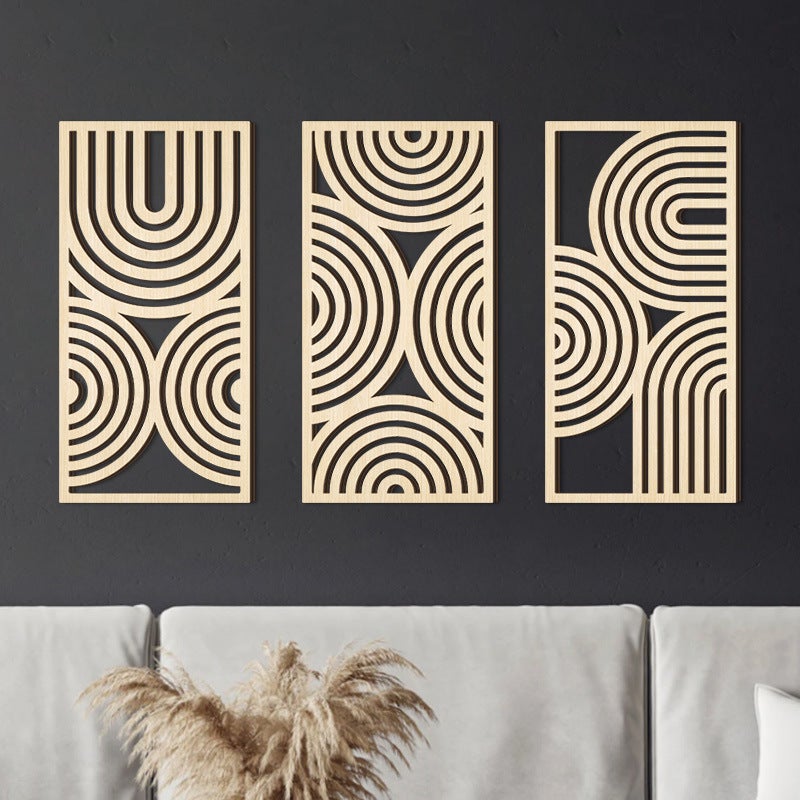 Lot de 3 tableaux muraux bohèmes en bois avec cadre, décoration murale style médiéval moderne, abstrait géométrique minimaliste，40 x 20 cm - 6