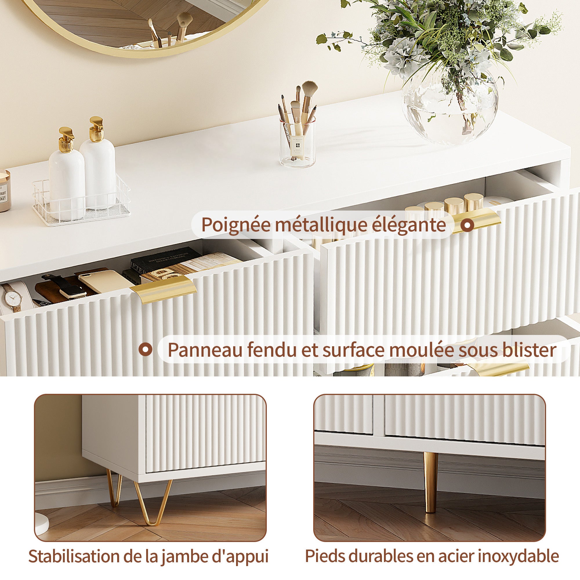 Commode à 6 tiroirs - 100 x 34 x 73 cm - avec poignées et pieds en métal doré - designe moderne armoire- blanc-pour Chambre à Coucher, Salon - 5