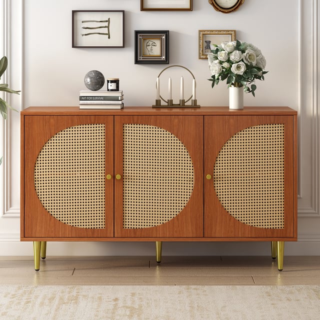 Credenza a 3 ante in rattan, cassettiera, credenza alta con maniglie in metallo, per camere da letto, soggiorni e uffici, 129,8 x 40 x 76 cm