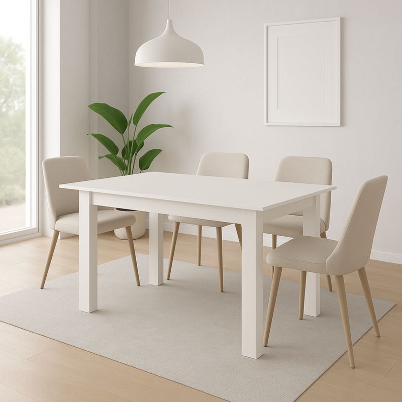 Mesa de Comedor Extensible – 120/160x80x76 cm, Color Blanco Mate, Diseño Moderno, Laminado Resistente, Apertura Central, Fácil Limpieza