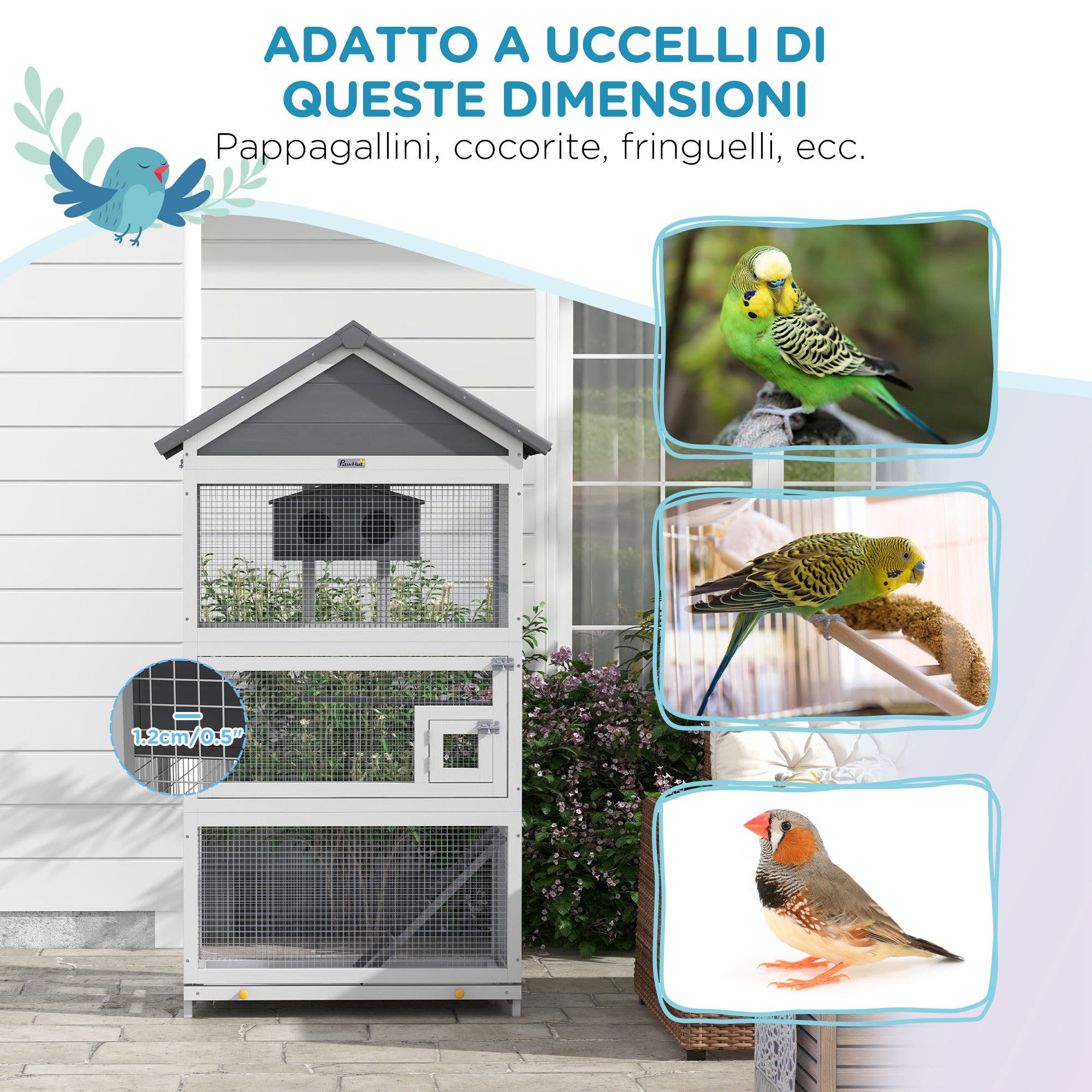 PawHut Voliera per Uccellini a 3 Porte con Casetta, Scaletta e Vassoio, in Legno e Metallo, 92x52x171 cm, Grigia e Nera - 6