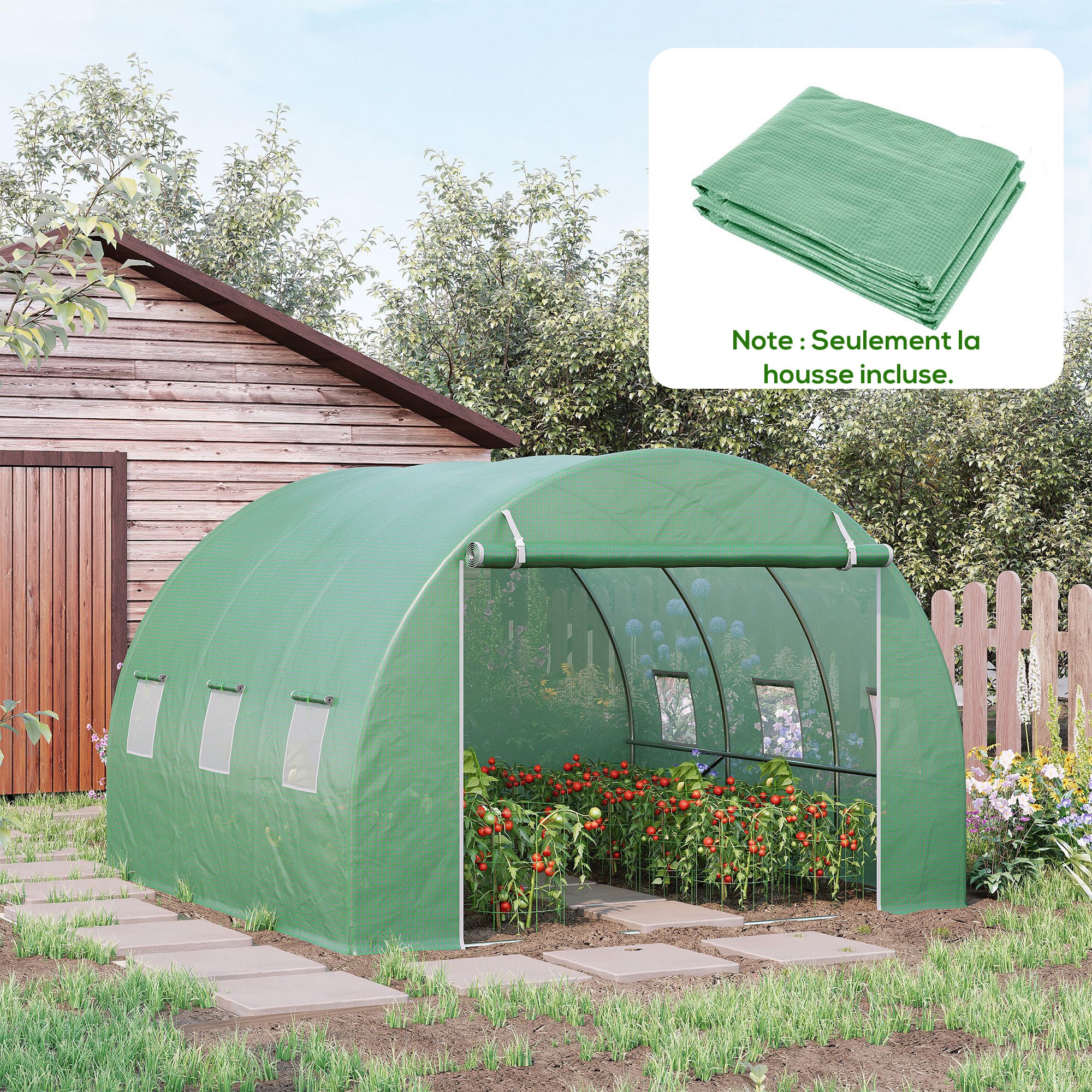 Bâche de Rechange Serre Tunnel 9 m², 3 x 3 x 2 m, PE Anti-UV Imperméable, 6 Fenêtres + Porte Enroulable Zippée, Vert Foncé - 3