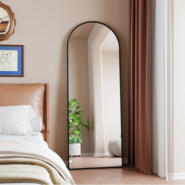 Miroir sur pied Arqué 162 x 53cm, Grand Miroir Intégral avec Cadre en Alliage d’aluminium et Verre Trempé pour Chambre, Salon, Noir