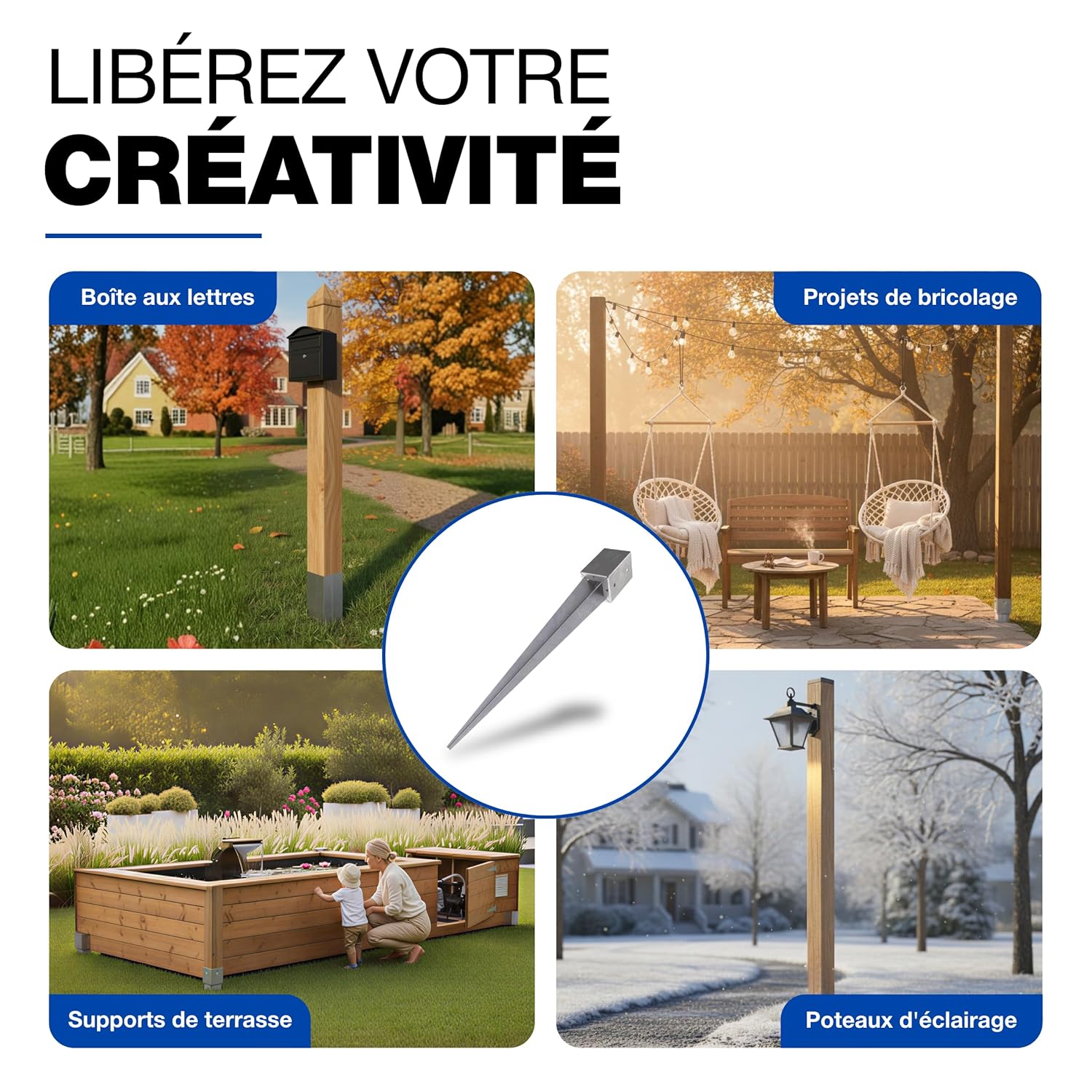 Ancrage au sol 96 x 96 x 750 mm galvanisé à chaud Lot de 4 douilles de fond d'impact, support de poteau de poteau de poteau de frappe GeZu Impex - 8