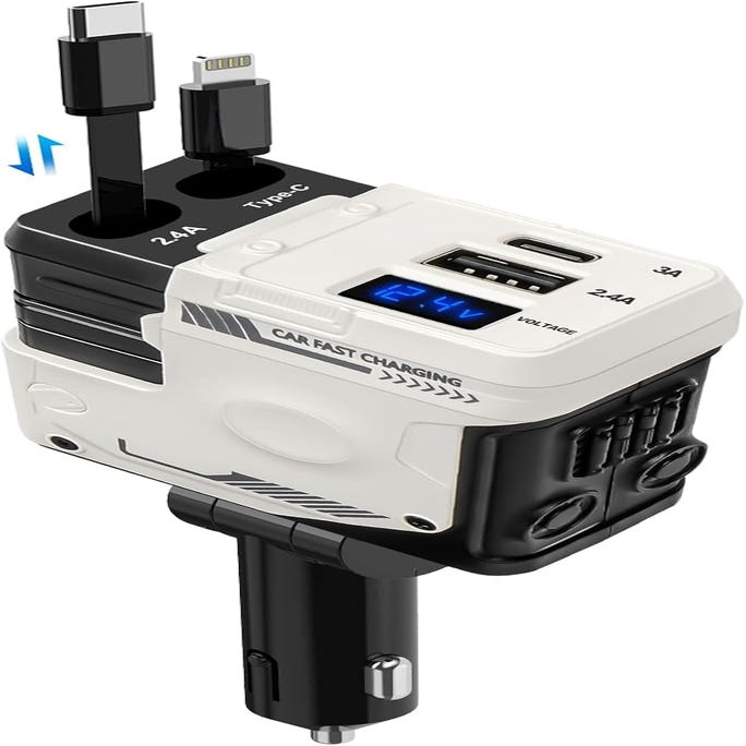 Caricatore Auto Retrattile 66W 4 In 1 Con Cavi Integrati Type-C E Lightning, Display Tensione, Ricarica Rapida