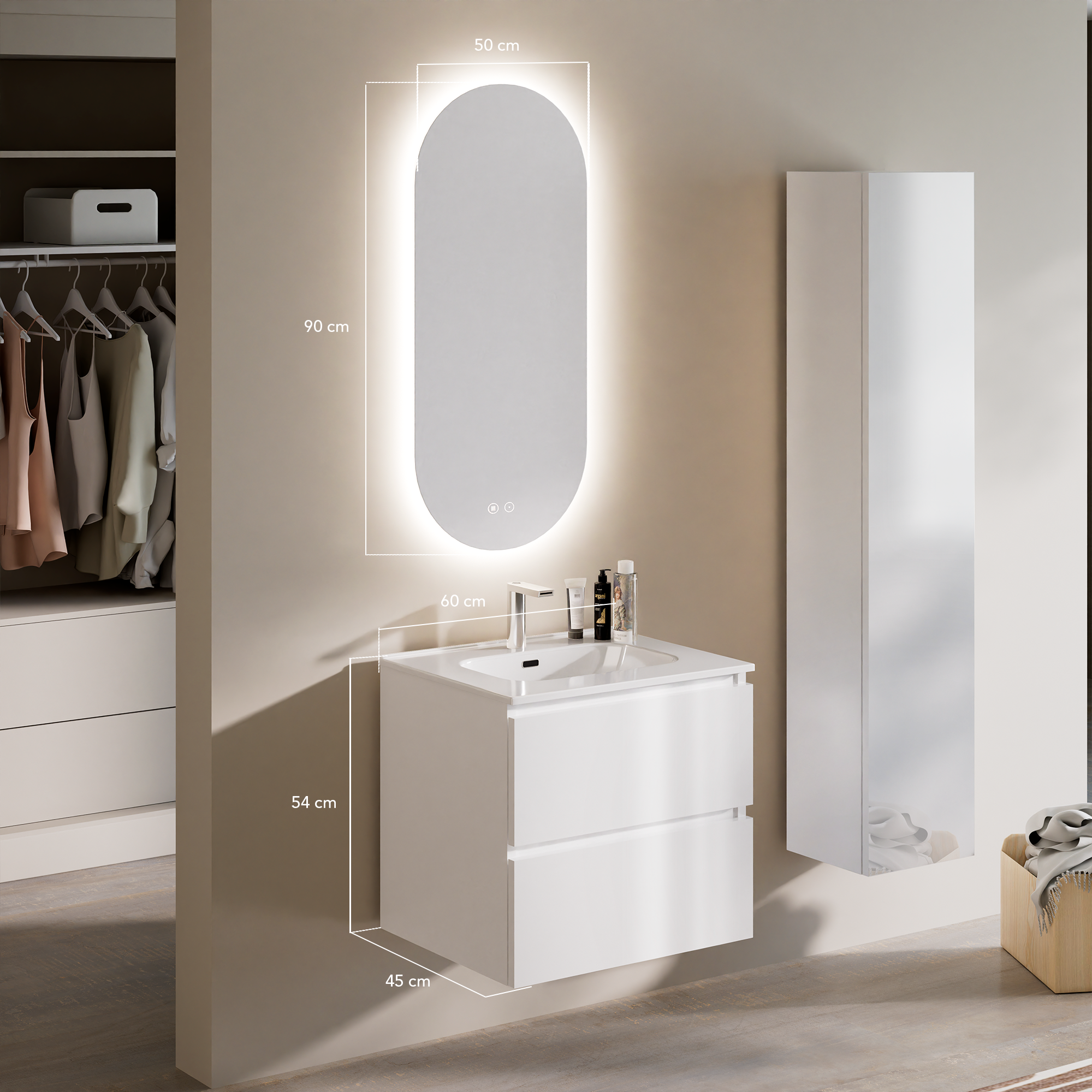 Feel Your Bath, Meuble De Salle De Bain PANTER Blanc 60 cm, 2 Tiroirs, Vasque Céramique Intégrée Et Miroir Ovale LED Antibuée - 3