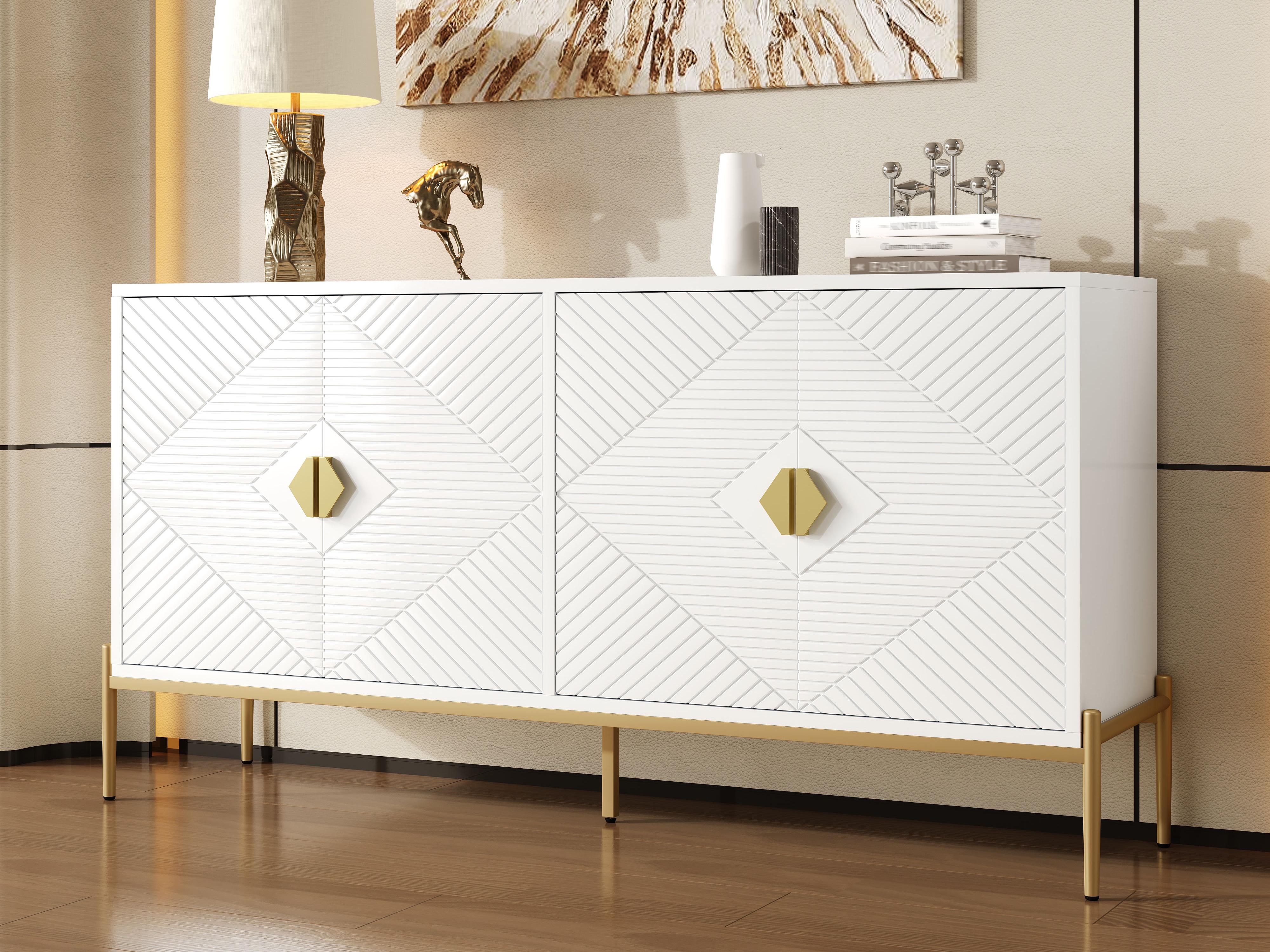 Nowoczesna komoda 162x40x80 cm - z 4 drzwiami - Metalowe nogi - MDF + płyta wiórowa - Biały