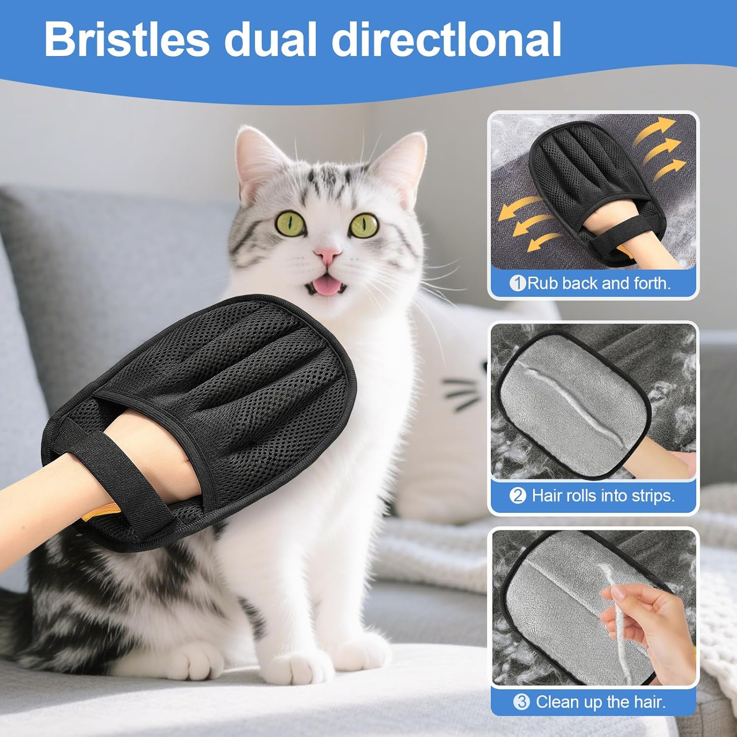 Luvas removedoras de pelos de animais de estimação para cães e gatos - remoção de pelos por eletricidade estática - para sofás, tapetes, assentos de - 2
