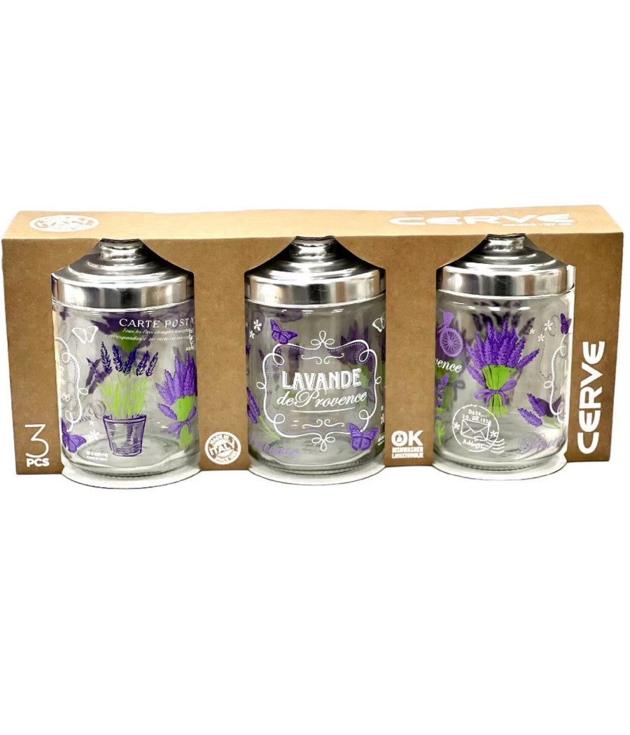 Begoniape Set di 3 contenitori in vetro con coperchio, decorazione moderna, per tè, zucchero, caffè (10 x 14 cm