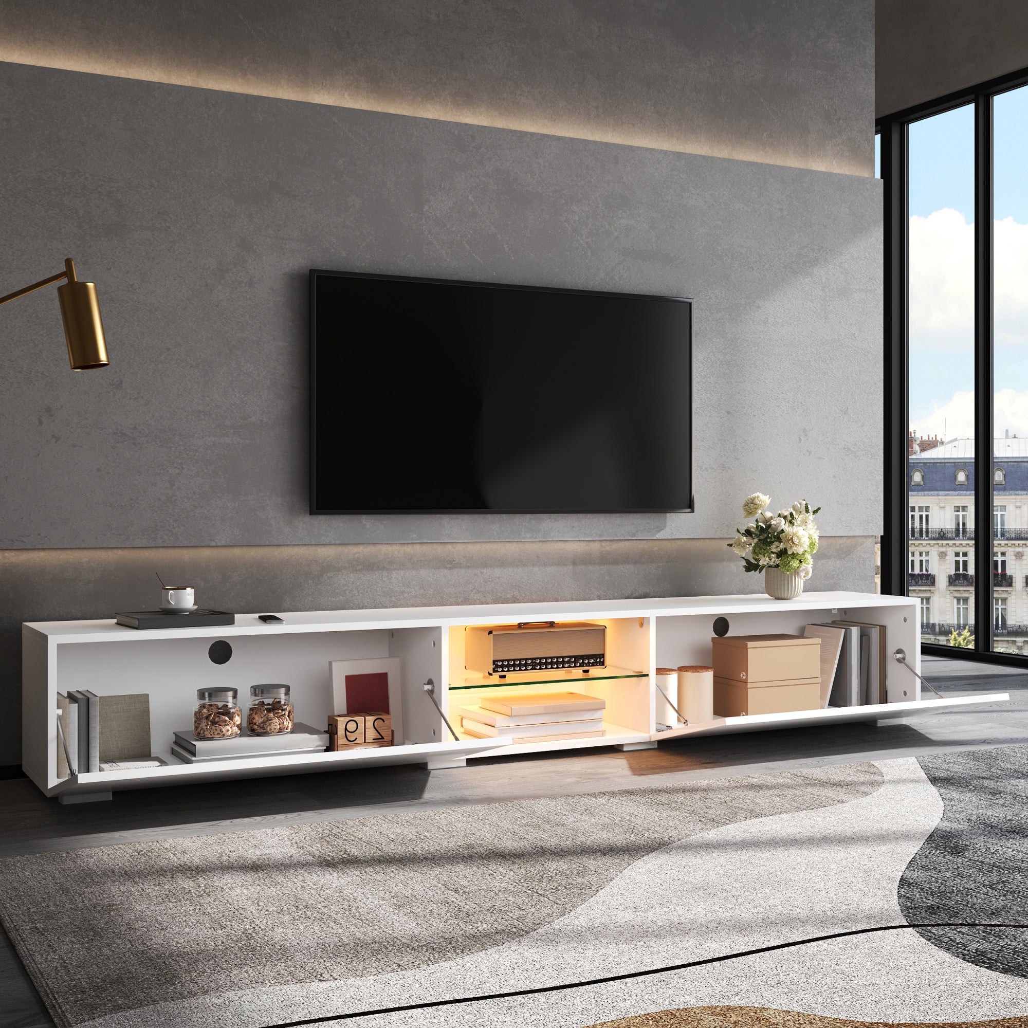 Szafka RTV 200 cm z 2 lakierowanymi drzwiami, oświetleniem LED i szklaną półką - Płyta wiórowa + MDF - 200 x 30 x 30 cm - Biała - 9