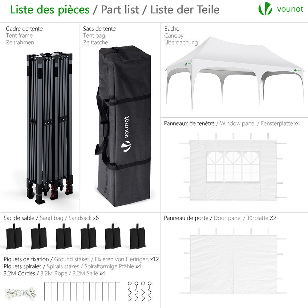 Tonnelle de jardin pliable 3x6m - Barnum réglable en hauteur avec 6 parois amovibles - Imperméable et anti-UV - Blanc - VOUNOT® - 2