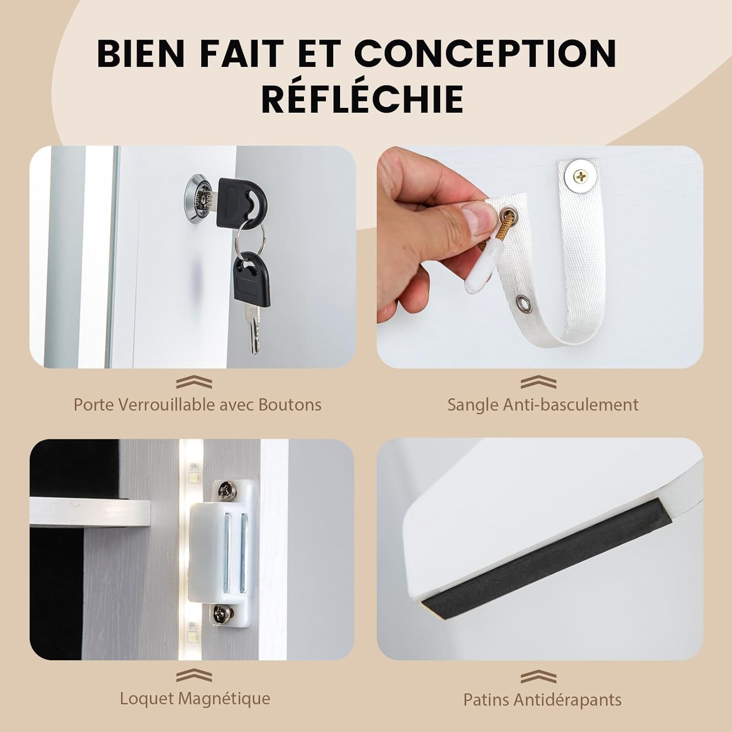 Armoire à Bijoux avec Miroir sur Pieds, Grand Miroir Psyché Sans Cadre avec Éclairage LED 3 Couleurs, avec 3 Angles Ajustables (Blanc) - 9
