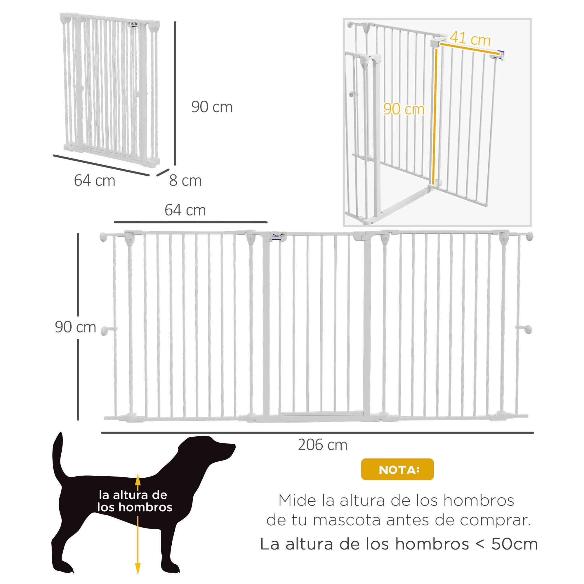 Barrera para Perros PawHut Acero, Plástico Blanco 206x90 cm - 3