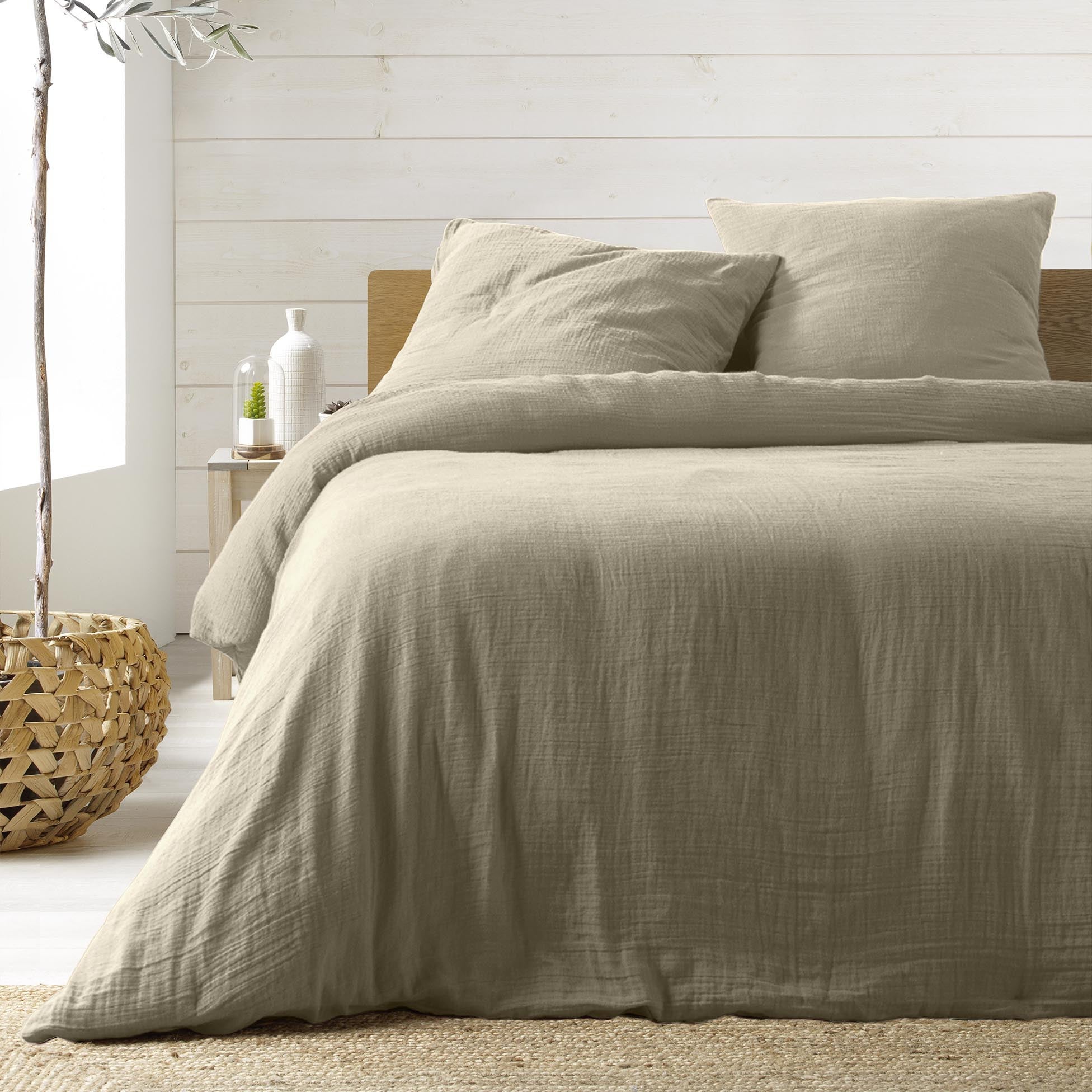 Parure de lit 260 x 240 cm Sienna Sable + 2 taies 63x63 cm – Double face gaze de coton & coton 57 fils - 2