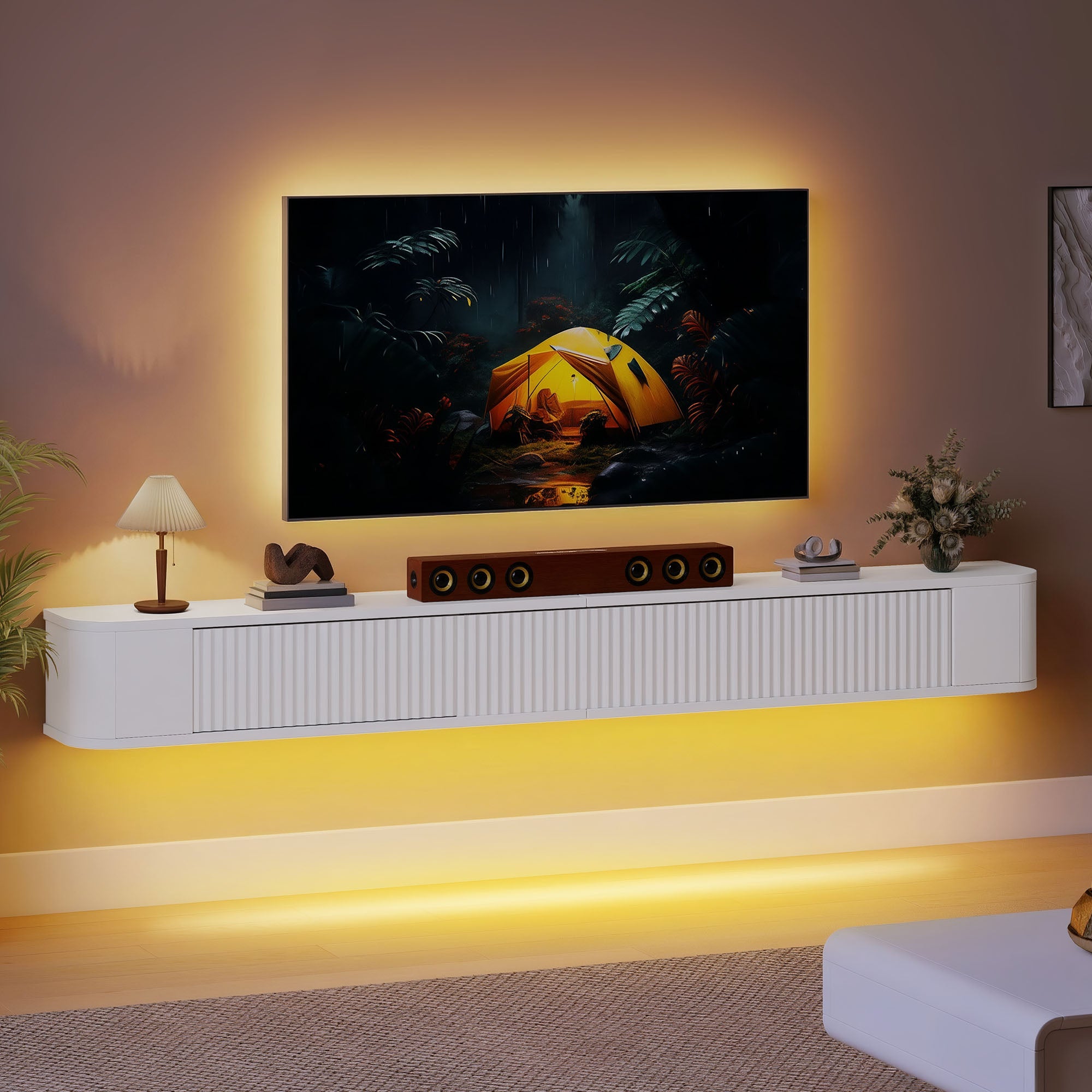 YITAHOME Meuble TV flottant 140 cm, étagères murales pour TV avec éclairage LED RGB, 180L × 25P × 20H cm, blanc haute brillance - 6